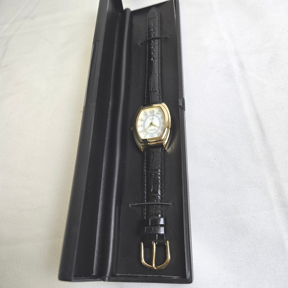 Gossip Ladies Quartz Gold Tone Watch, Black Genuine‎ Leather Strap, GSP545A, New